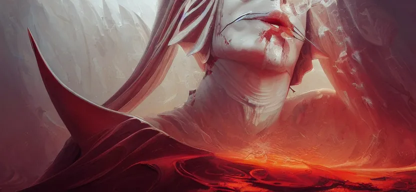 Image similar to sacred vampire, red sea, sword attack, acanthus scroll, ceremonial clouds, dripping paint, fibonacci rhythm, artstation, art germ, wlop, karol bak, christopher balaskas, ross tran