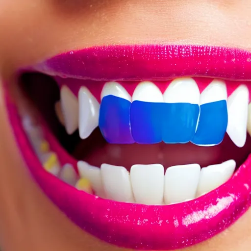 Prompt: A close-up of a smile, with the teeth and gums painted in bright colours.