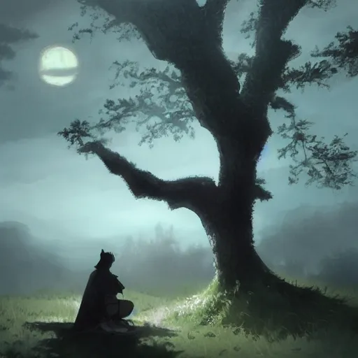 Image similar to a samurai sitting under a tree, back lighting, dramatic scene, detailed, night time, full moon, in the style of greg rutkowski