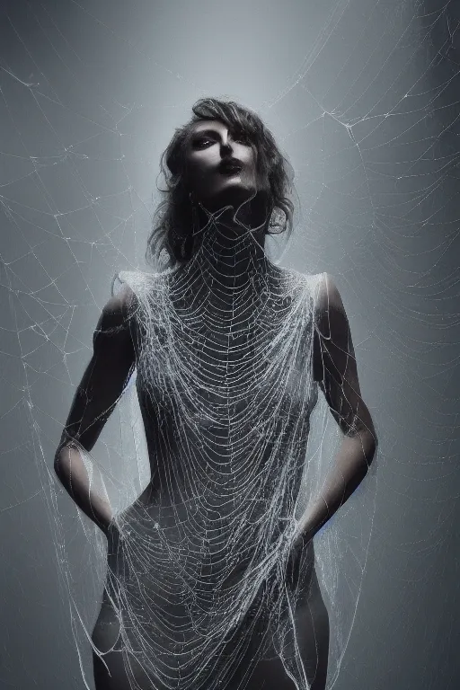 Prompt: a beautiful woman draped in spider webs, studio lighting,mist, light from behind, volumetric lighting, moody, artstation, octane render, 4k