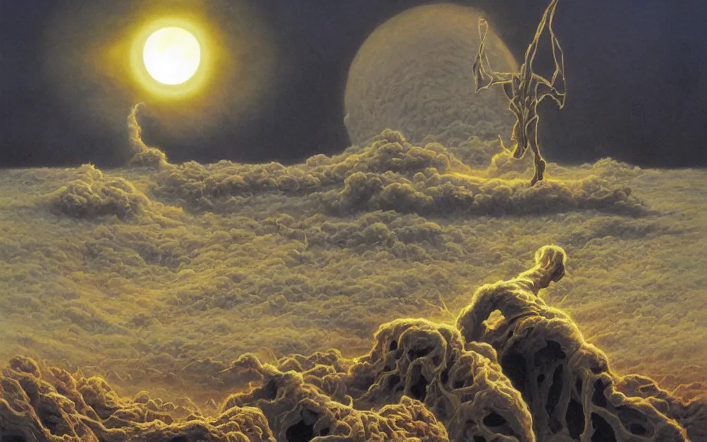 Image similar to black dead sun howling radioactive dread sun of the void above the tomb wastes, award winning oil painting by Michael Whelan, nuclear color palette