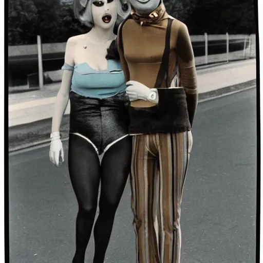 Image similar to 1976 film still glamorous woman photo and her friend, an anthropomorphic stomach, traveling in France, live action children's tv show, 16mm film live soft color, earth tones and some primary colors 1976, wacky, in style of john waters doris wishman russ meyer, woman looks like sharon tate