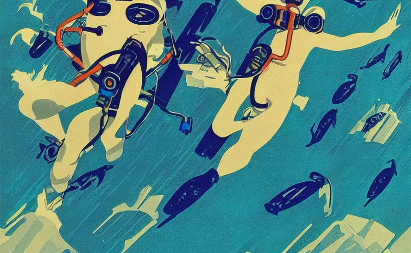 Prompt: vaporwave art deco of scuba diver in atlantis by adolphe millot