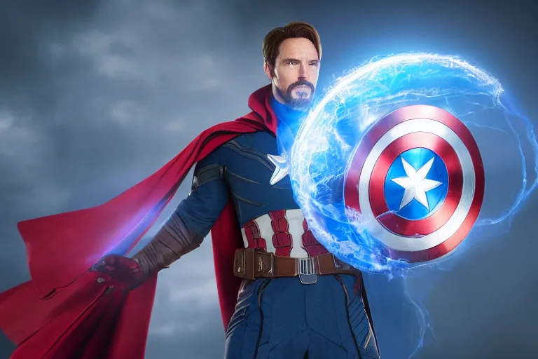 Prompt: photograph of captain america casting spells through his shield, wearing doctor strange's outfit, nvidia, highly detailed, concept art, illustration, cinematic