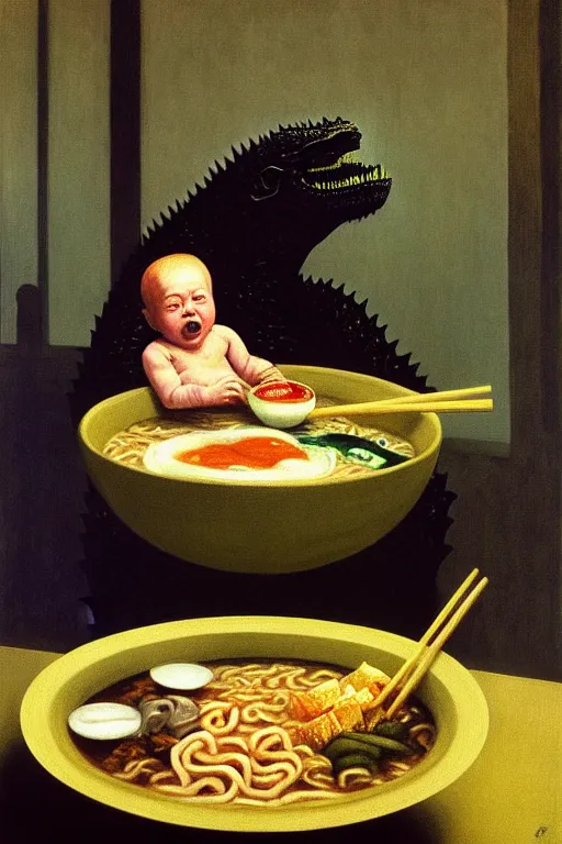 Image similar to evil human giant baby godzilla eating a huge bowl of ramen in new york city, hauntingly surreal, highly detailed painting by francis bacon, edward hopper, adrian ghenie, gerhard richter, and james jean soft light 4 k,