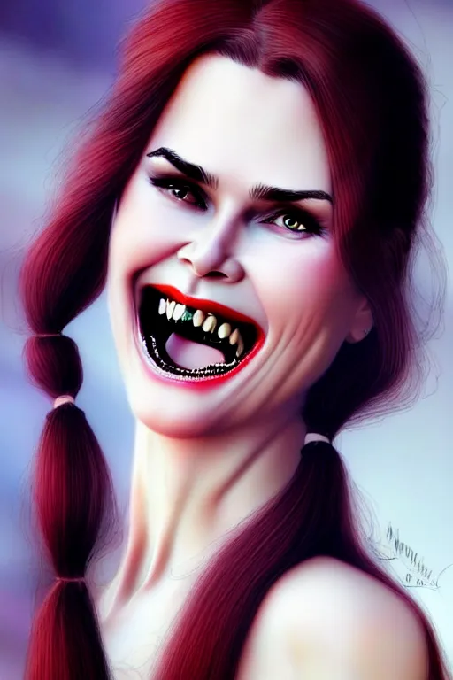 Image similar to mix of beautiful young maria shriver, mariel hemmingway, brooke shields, nicole kidman and elle macpherson as a vampire showing vampire teeth, ready to bite, thin lips, hair tied up in a pony tail, dark blonde hair, colorful, deviantart, artstation, cgsociety