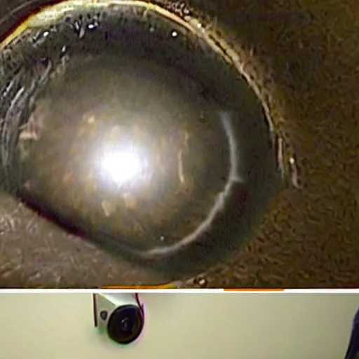 Prompt: surveillance footage of a giant eyeball being interrogated by police in an interrogation room