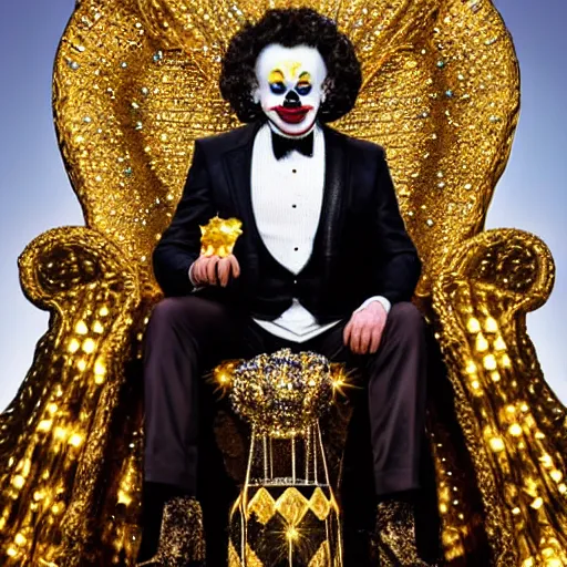 Image similar to shining giant throne made of millions of diamonds, gold and zaphires with thousands of light reflections, and a clown on a tuxedo suit is sitting on the throne while handing a golden balloon, dramatic light