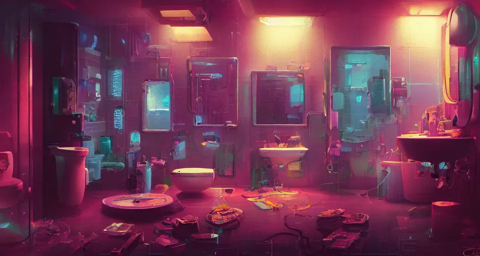 Prompt: IKEA catalogue photo of a cyberpunk bathroom, by Paul Lehr, 8k, HD, realistic, cinematic, artstation, details