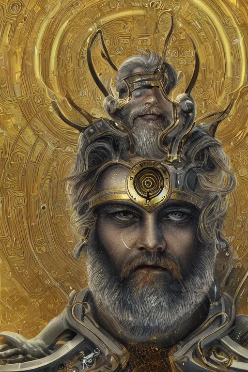 Image similar to mythological odin all father god of thunder and artificial intelligence creating himself with an artificial neural network with gold synapses, high resolution, award winning art, trending on art station, sharp image, incredibly detailed, detailed character realistic painting