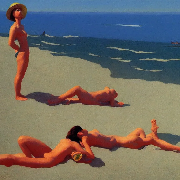 Prompt: sunbathing at the beach, Edward Hopper and James Gilleard, Zdzislaw Beksinski, Steven Outram highly detailed