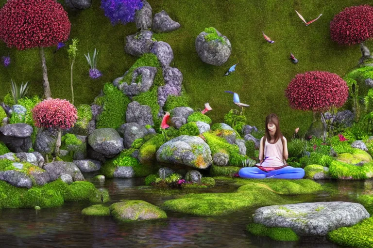 Image similar to hyper realistic detailed render of a heavenly garden of peace, eden filled with trees, stone slab, colourful flowers, moss, ferns, a girl meditating at a distance, small stream or puddles, birds, trending on artstation, volumetric lighting, hyper realistic, hyper detailed, high quality render, blender guru,