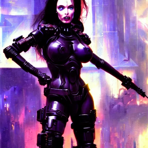 Prompt: a sexy cybergoth Doom Slayer Angelina Jolie, dystopian mood, vibrant colors, sci-fi character portrait by gaston bussiere, craig mullins, Simon Bisley, curvy