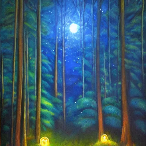 Image similar to forest at night with floating lights by Julie Bell