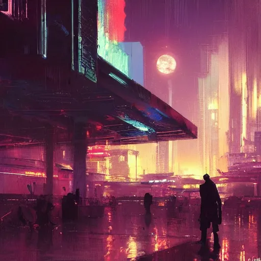 Prompt: a rundown futuristic city scene at night with neon lights and the moon high in the sky and raining, sci fi splash art by craig mullins, greg rutkowski