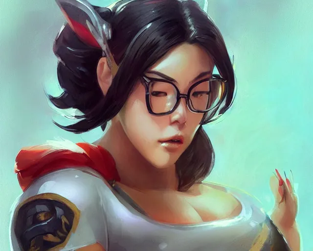 Image similar to portrait of mei from overwatch as a beautiful female bodybuilder amazon with plump lips, elegant, fantasy, hd shot, digital portrait, beautiful, artstation, comic style, by artgerm, guy denning, jakub rozalski, magali villeneuve and charlie bowater