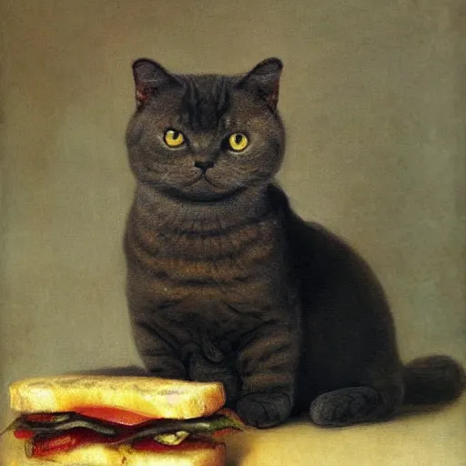 Prompt: A British Shorthaired cat with a sandwich hanging out of his mouth. Portrait painting by Rembrandt