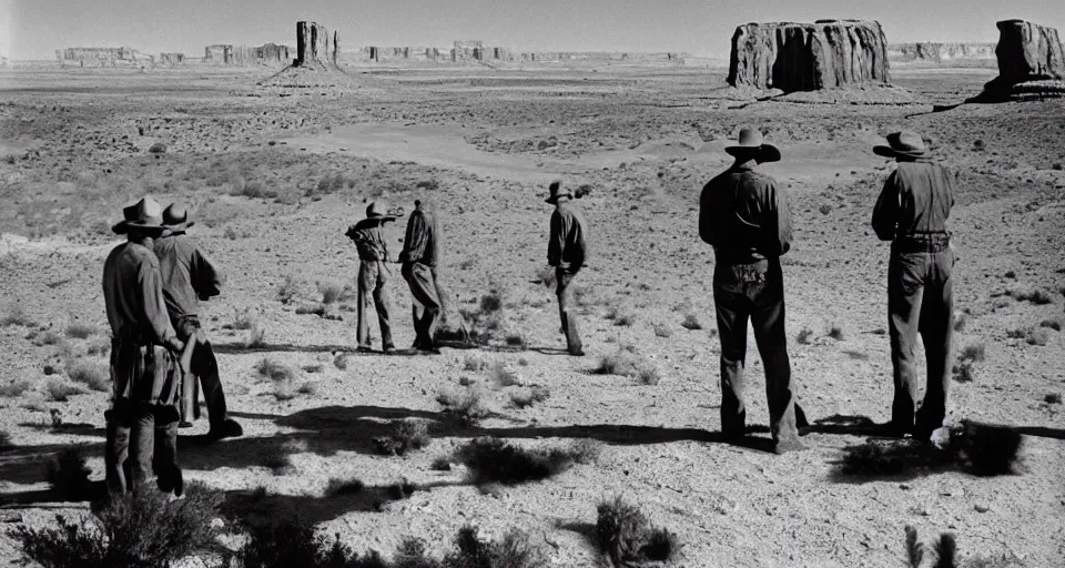 Image similar to film still showing cowboys looking at a gigantic Henry Moore sculpture in the desert directed by Sergio Leone, western, monument valley, cinemascope, technicolor