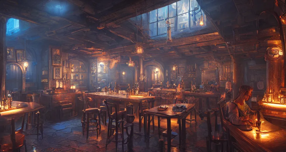 Image similar to alchemy tavern, hyperdetailed, artstation, cgsociety, golden hour 8 k, volumetric lighting