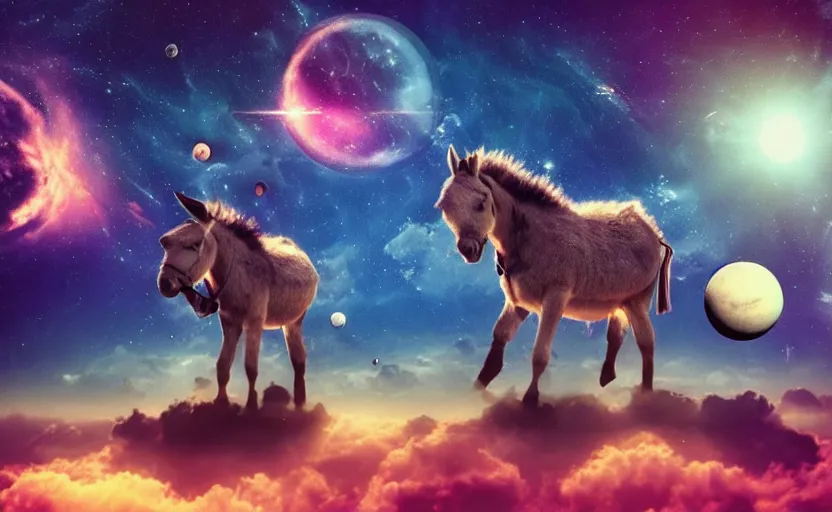 Image similar to “a donkey floating in space playing the bongos, surrounded by planets , nebula , realistic, 4K, sci fi, futuristic vaporwave, retro, volumetric lighting, depth of field, ”