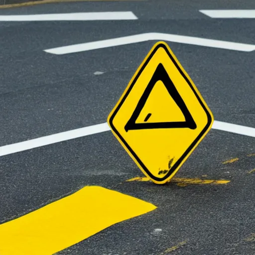 Prompt: a yellow road sign with a warning symbol on the street