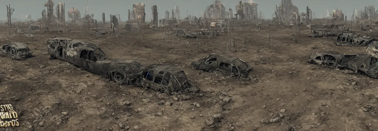 Image similar to wastelands by a sunny day, year 2 3 5 9, after a nuclear outcome, detailed ground, smooth and high resolution, unique bus wreck, impacts, clear atmosphere