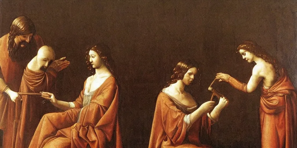 Prompt: judge in judge's wig is making a haircut to another judge with a wig, classical painting by da vinci