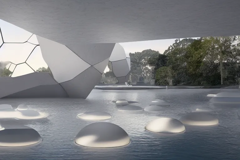 Image similar to pierre cardin's architecture is formed by the intersection of many white egg shaped spherical spaces. on the calm lake surface, people's perspective, future, interior wood, marble, award winning, highly detailed 4 k art, dusk, unreal engine highly rendered, global illumination, radial light, internal environment