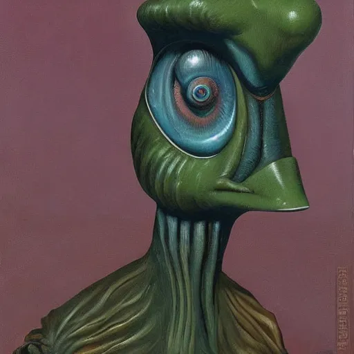 Image similar to An oil painting of a strange alien creature by Max Ernst and Giorgio de Chirico, Trending on artstation