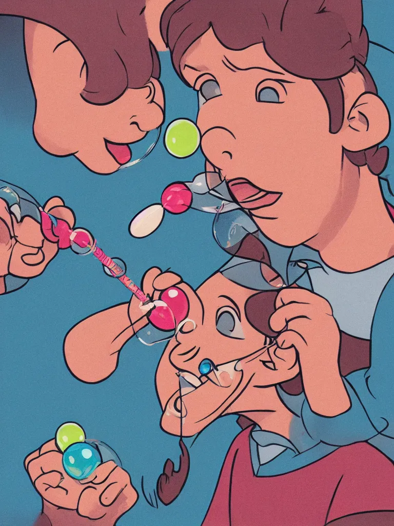 Prompt: kid blowing bubble gum, disney style illustrations, blunt borders