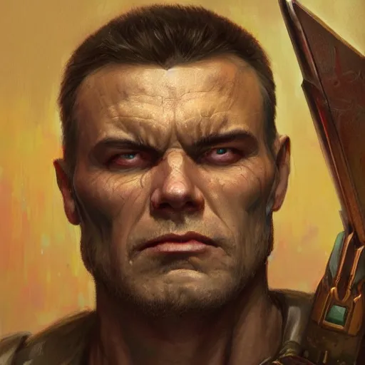 Image similar to the doomguy as a realistic d & d fantasy character, closeup portrait art by donato giancola and greg rutkowski, vintage retro, realistic face, digital art, trending on artstation, symmetry!!