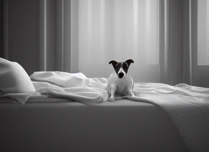 Image similar to photography of a Jack Russel . watching outside the window. on a bed. in a white room. octane render,volumetric light, volumetric fog, photorealistic,, award winning photo, 100mm, sharp, cloth, high res