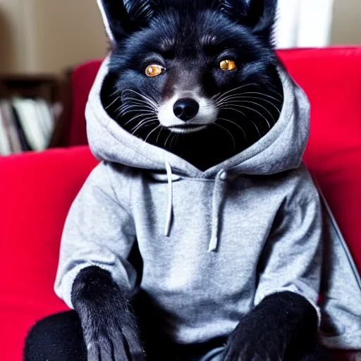 Prompt: “a black fox wearing a hoodie, sitting cross-legged on a couch, looking into the camera, smiling