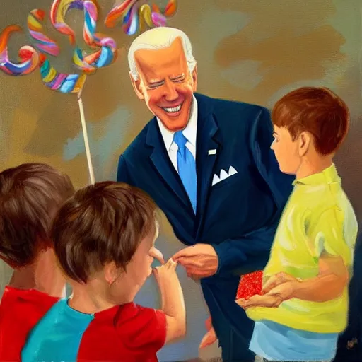 Image similar to a painting of joe biden stealing a lolly from a child