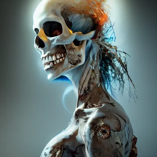 Image similar to full body pose, hyperrealistic mixed media painting of beautiful skull woman, dim volumetric lighting, 8 k, octane beautifully detailed render, extremely hyper detailed, intricate, epic composition, cinematic lighting, masterpiece, trending on artstation, very very detailed, masterpiece, stunning, hdr, smooth, sharp focus, high resolution, award, winning photo, dslr, 5 0 mm