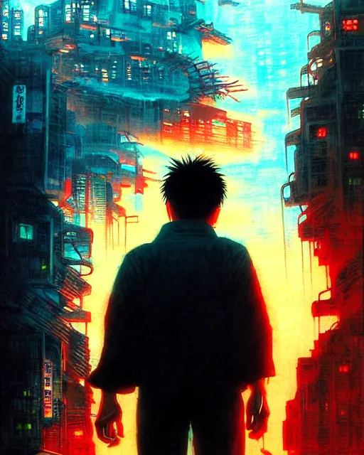 Prompt: tetsuo over neo - tokyo, silhouetted by a red sun | anime, realistic shaded perfect face, fine details. realistic shaded lighting poster by katsuhiro otomo, akira, artgerm, jeremy lipkin and michael garmash and rob rey