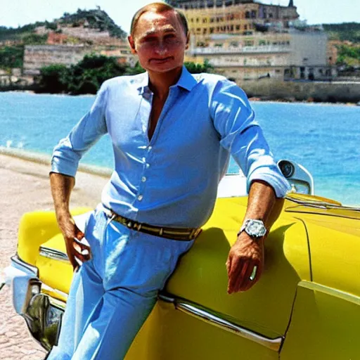 Image similar to Vladmir Putin enjoying the summer in cuba, photo made by Slim Aarons, award winning,