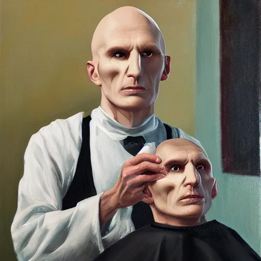 Image similar to voldemort getting a haircut oil painting