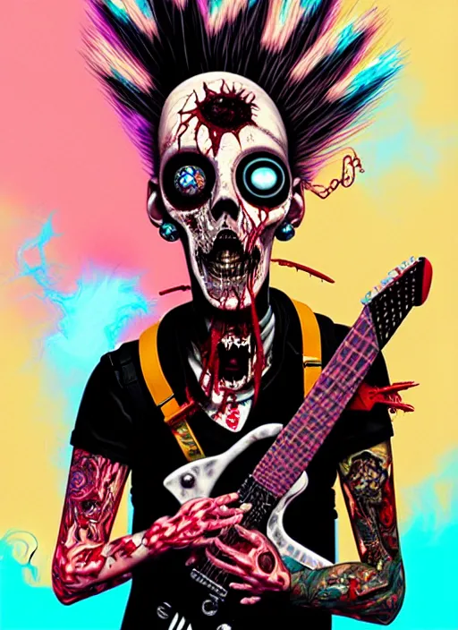 Image similar to a zombie punk rocker with a mohawk playing electric guitar, tristan eaton, victo ngai, artgerm, rhads, ross draws