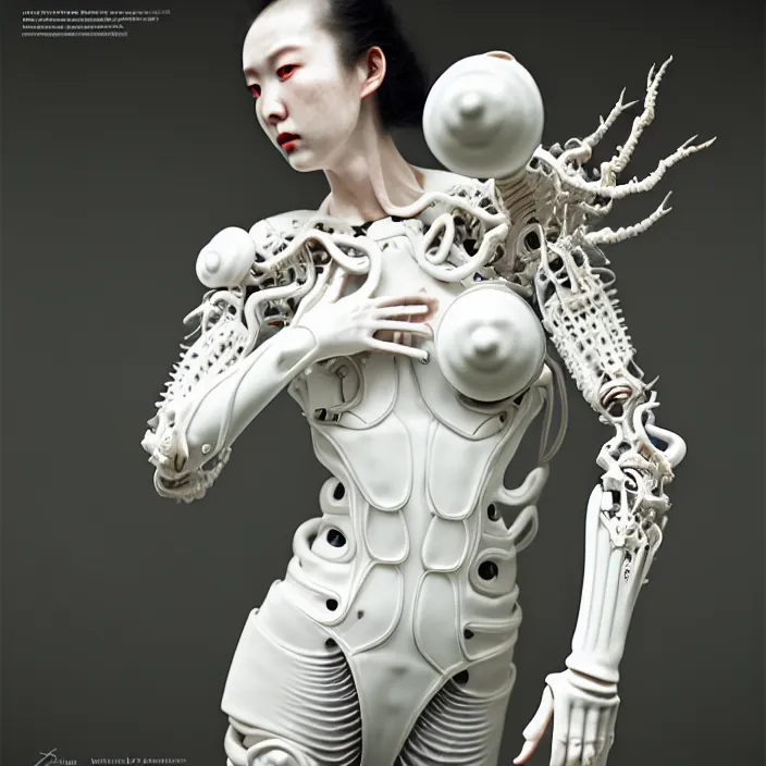 Prompt: porcelain cyborg, Japanese Kakiemon porcelain exoskeleton 16th century, diffuse lighting, fantasy, intricate, elegant, highly detailed, lifelike, photorealistic, digital painting, artstation, illustration, concept art, smooth, sharp focus, art by John Collier and Albert Aublet and Krenz Cushart and Artem Demura and Alphonse Mucha