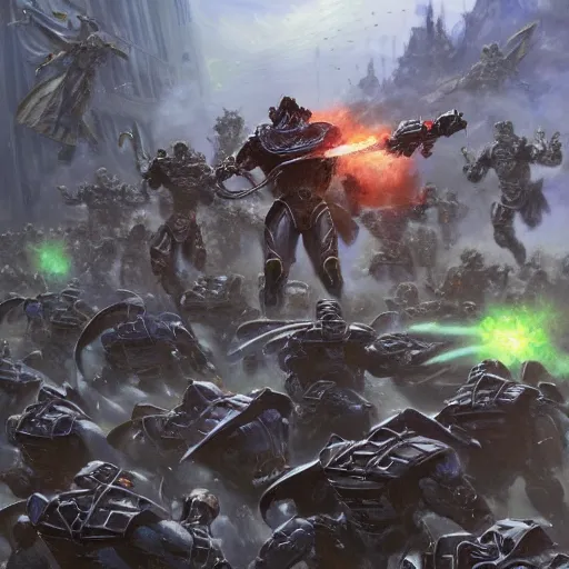 Prompt: Henry Cavill fighting off a Necron army, closeup character art by Donato Giancola, Craig Mullins, digital art, trending on artstation