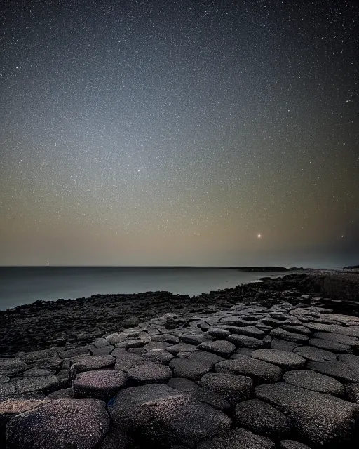 Image similar to perseid meteor shower over the giant's causeway, in the style of the dutch masters and gregory crewdson, dark and moody, depth of field