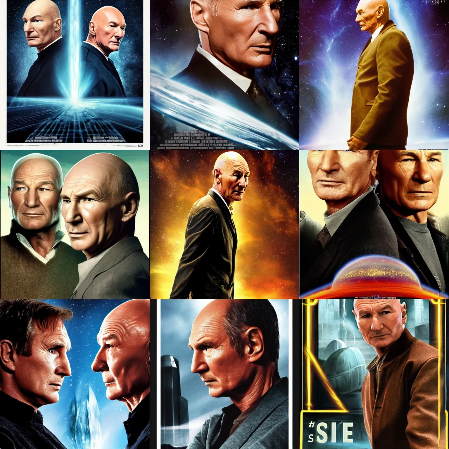 Prompt: side view of liam neeson facing patrick stewart, sci - fi movie poster