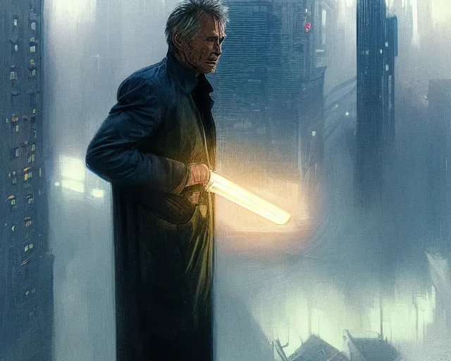 Prompt: 2 0 1 8 blade runner movie young man young clint eastwood western look at the cityscape from roof perfect face fine realistic face pretty face reflective polymer suit tight neon puffy jacket blue futuristic sci - fi elegant by denis villeneuve tom anders zorn hans dragan bibin thoma greg rutkowski ismail inceoglu illustrated sand storm alphonse mucha