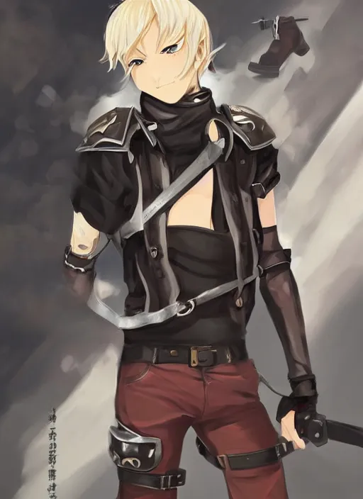 Image similar to a blonde boy thief in leathers with a metal armband in the style of krenz cushart