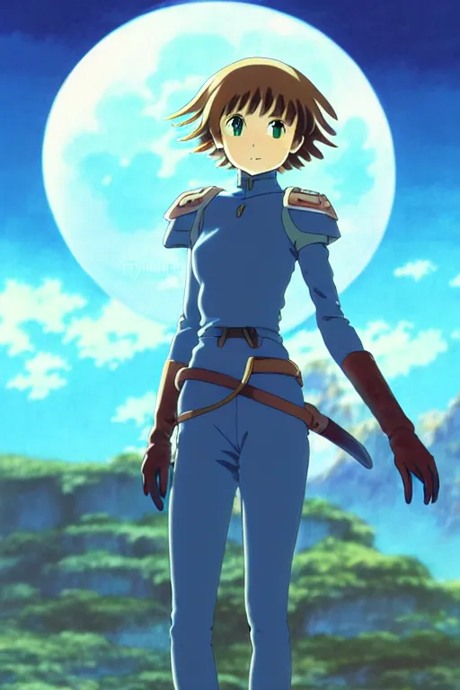 Image similar to anime art full body portrait character nausicaa by hayao miyazaki concept art, anime key visual of elegant young female, short brown hair and large eyes, finely detailed perfect face delicate features directed gaze, valley of the wind and mountains background, trending on pixiv fanbox, studio ghibli, extremely high quality artwork by kushart krenz cute sparkling eyes