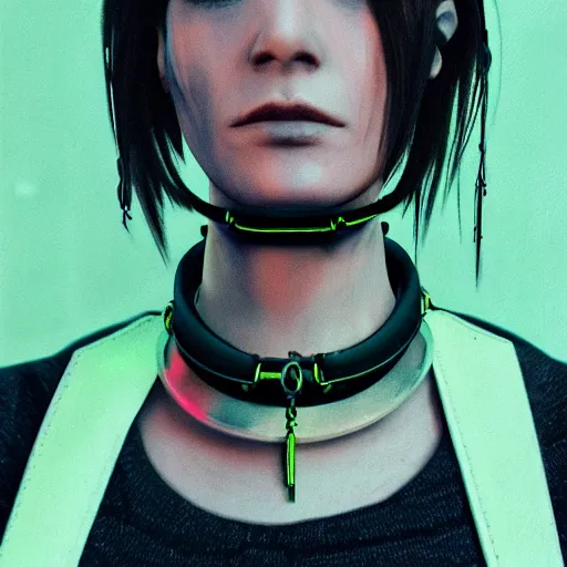 Prompt: detailed realistic cyberpunk female character cyberpunk wearing large steel collar around neck, realistic, art, beautiful, 4K, collar, choker, collar around neck, punk, artstation, detailed, female, woman, choker, cyberpunk, neon, punk, collar, choker, collar around neck, thick collar, choker around neck, wearing choker, wearing collar, bright neon punk hair, collar, choker,