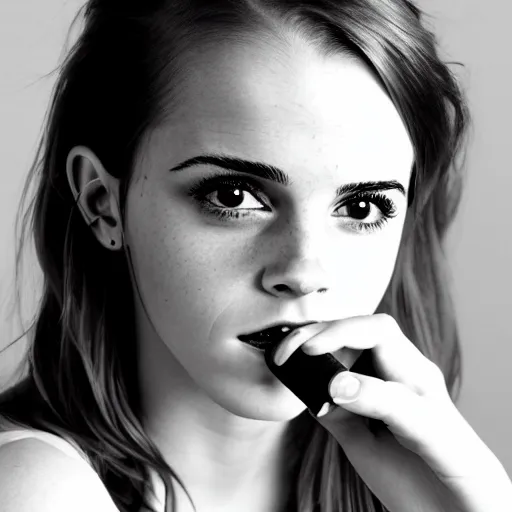 Image similar to redhead emma watson smoking cigar, wearing bikini, close up portrait photo, 8 k,