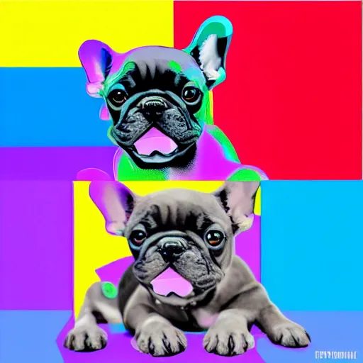 Image similar to rainbow excited smiling french bulldog puppy. pop art.