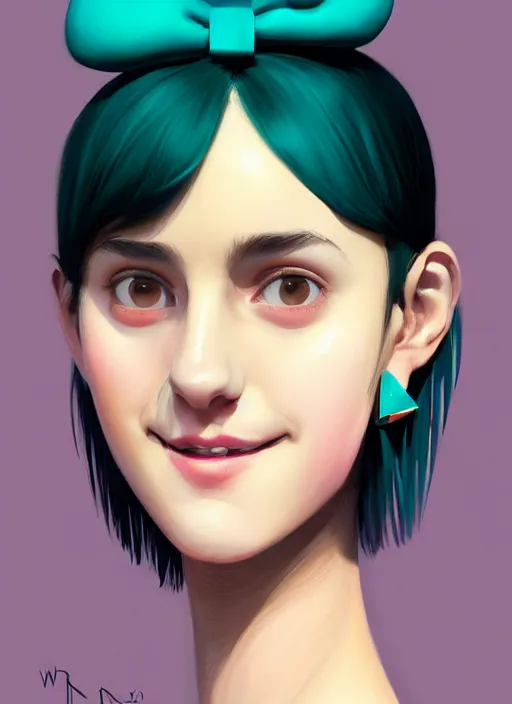 Image similar to portrait of high school girl, realistic, black hair, bangs, half updo hairstyle, pointy nose, skinny, smile, ugly, defined jawline, big chin, teal hair bow, earrings, intricate, elegant, glowing lights, highly detailed, digital painting, artstation, sharp focus, illustration, art by wlop, mars ravelo and greg rutkowski